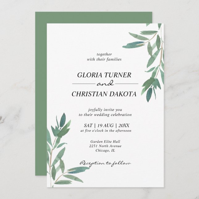Elegant Green Foliage Wedding Invitation (Front/Back)
