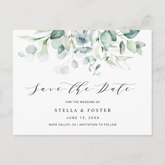Elegant Green Foliage Wedding Save the Date Announcement Postcard (Front)