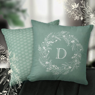 Elegant green foliage wreath letter D Throw Pillow