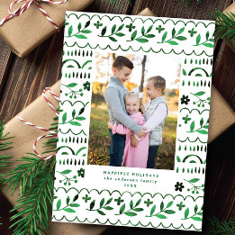 Elegant Green Folk Watercolor Christmas Photo Holiday Card