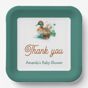 Elegant Green Framed Mallard Duck Baby Shower Paper Plate