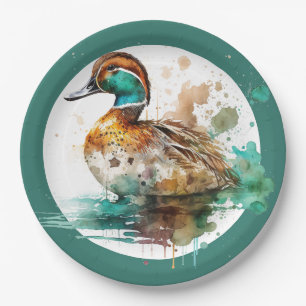 Elegant Green Framed Mallard Duck Baby Shower Paper Plate