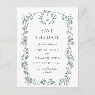 Elegant Green French Toile Wedding Save the Date Postcard