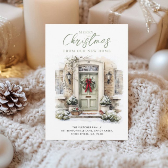 Elegant Green Front Door New Home Christmas Holiday Card (Creator Uploaded)