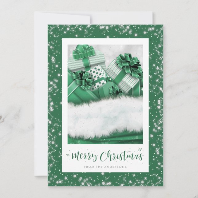Elegant Green Gifts Snow Merry Christmas Cards (Front)