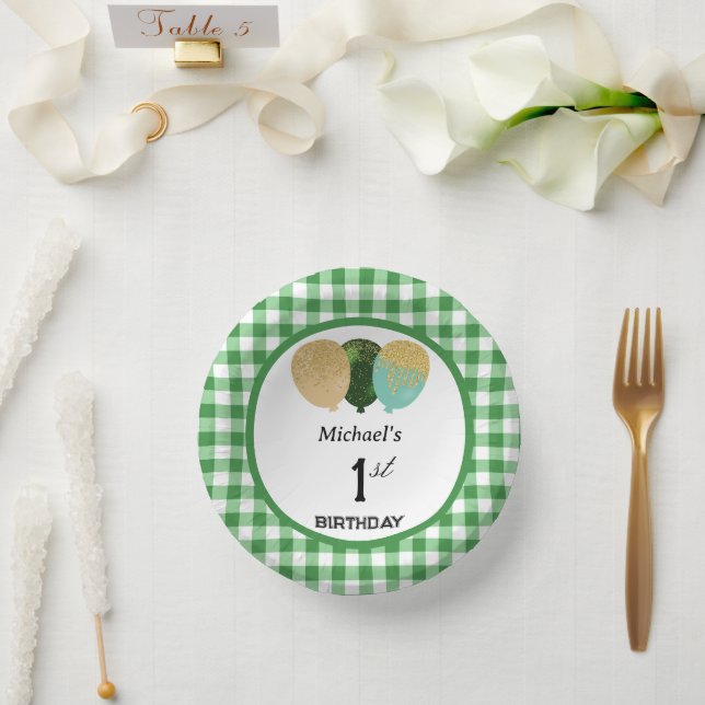 Elegant Green Gingham & Balloons 1st Birthday Paper Plate (Wedding)