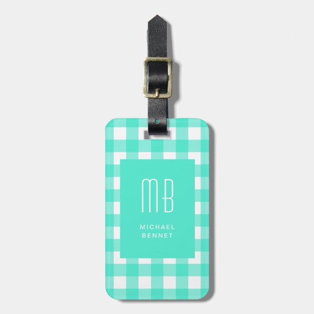 Elegant Green Gingham Monogram Luggage Tag (Front Vertical)