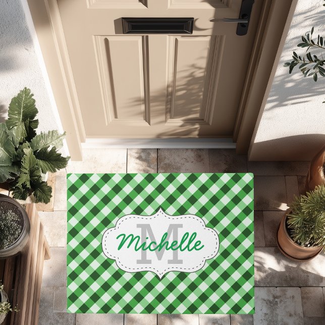 Elegant Green Gingham Pattern Personalized Name Doormat (Creator Uploaded)