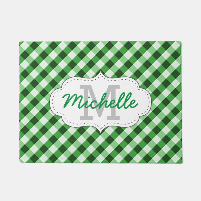 Elegant Green Gingham Pattern Personalized Name Doormat (Front)