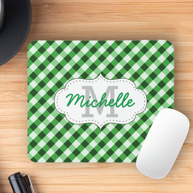 Elegant Green Gingham Pattern Personalized Name Mouse Pad (Creator Uploaded)
