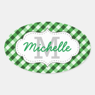 Elegant Green Gingham Pattern Personalized Name Oval Sticker