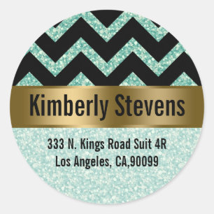 Elegant Green Glitter Black Chevron Gold Accents Classic Round Sticker