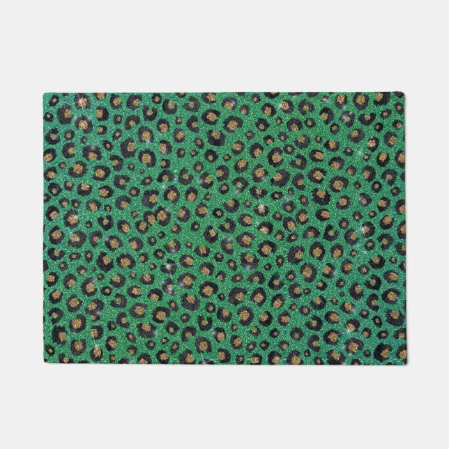 Elegant Green Glitter Black Gold Leopard Print  Doormat (Front)