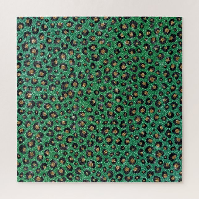 Elegant Green Glitter Black Gold Leopard Print  Jigsaw Puzzle (Vertical)