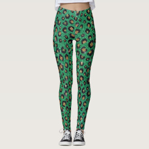 Elegant Green Glitter Black Gold Leopard Print  Leggings