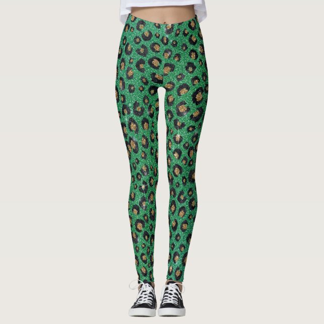 Elegant Green Glitter Black Gold Leopard Print  Leggings (Front)