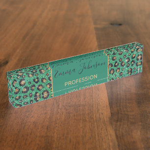 Elegant Green Glitter Black Gold Leopard Print  Nameplate