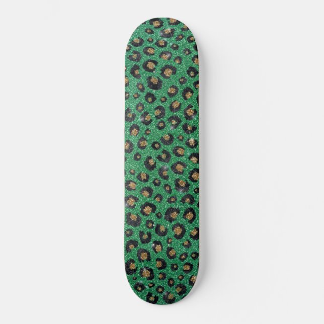 Elegant Green Glitter Black Gold Leopard Print  Skateboard (Front)