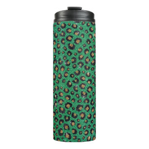 Elegant Green Glitter Black Gold Leopard Print Thermal Tumbler