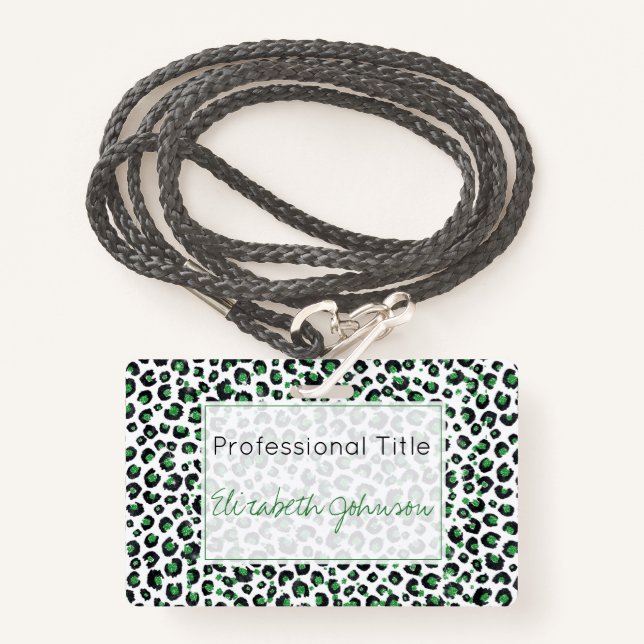 Elegant Green Glitter Black Leopard Animal Print Badge (Front with Lanyard)
