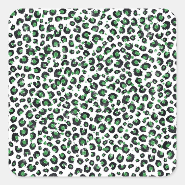 Elegant Green Glitter Black Leopard Animal Print Square Sticker (Front)