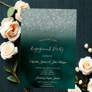 Elegant Green Glitter Bokeh Green Engagement  Invitation