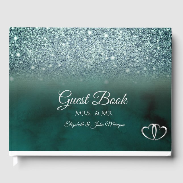 Elegant Green Glitter Bokeh Green Guest Book (Front)