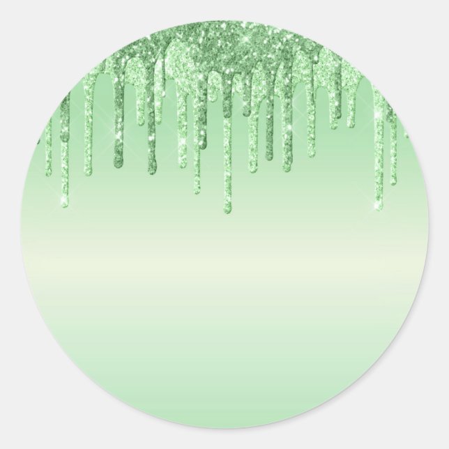 Elegant Green Glitter Drips Classic Round Sticker (Front)