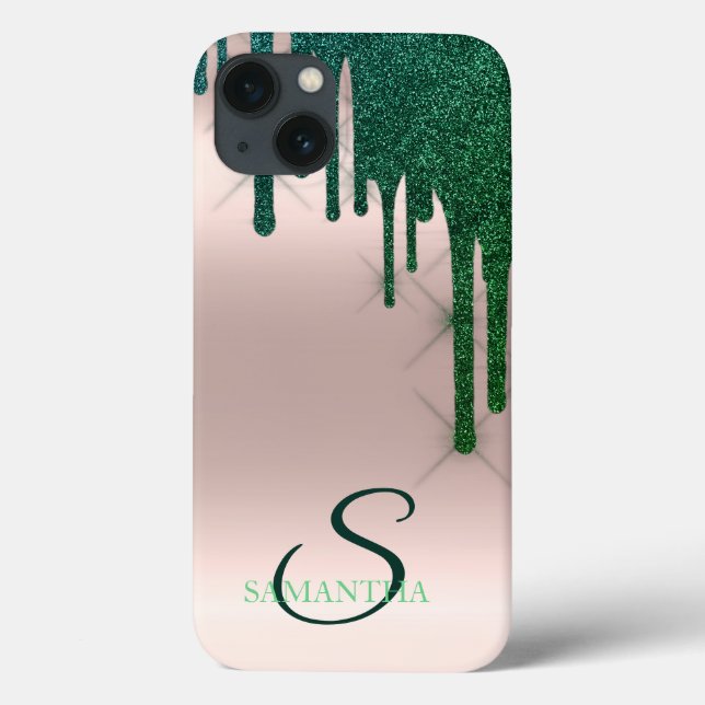 Elegant Green Glitter Drips Rose Gold  Case-Mate iPhone Case (Back)