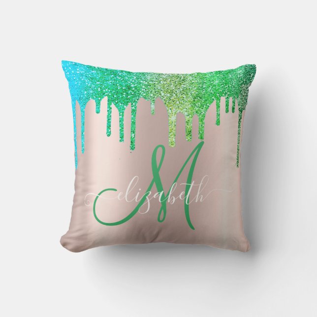 Elegant Green Glitter Drips Rose Gold  Monogram Throw Pillow (Front)