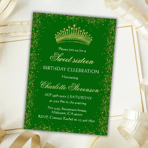 Elegant Green Glitter Gold Crown Sweet 16 Birthday Invitation