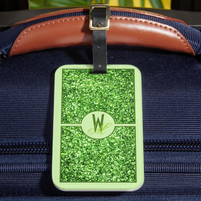Elegant Green Glitter Monogrammed  Luggage Tag (Front Insitu 2)