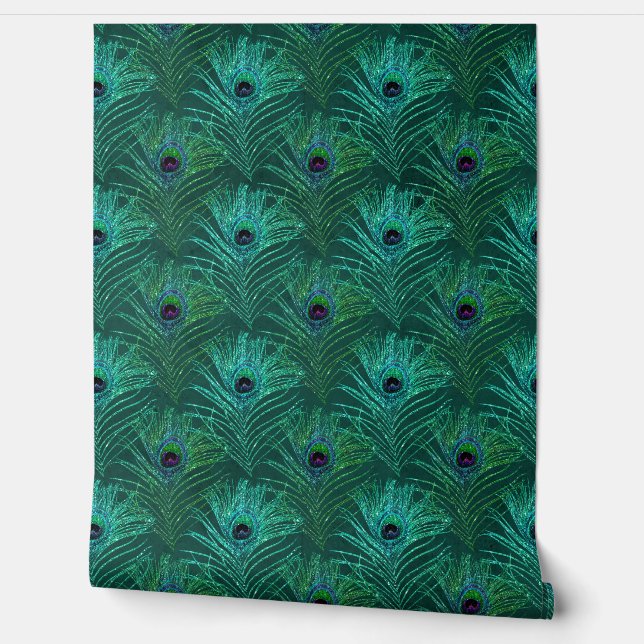Elegant Green Glitter Peacock Feathers Chic Wallpaper (Unrolling)