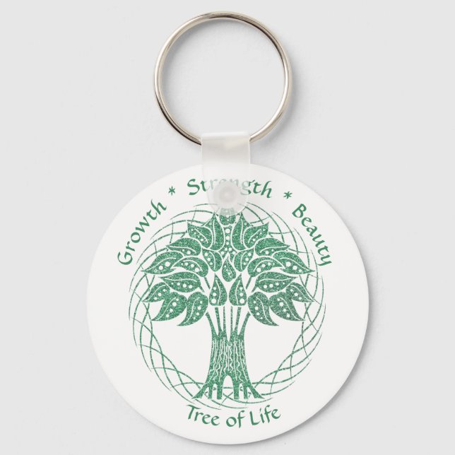 Elegant Green Glitter Tree of Life Growth Strength Keychain (Front)