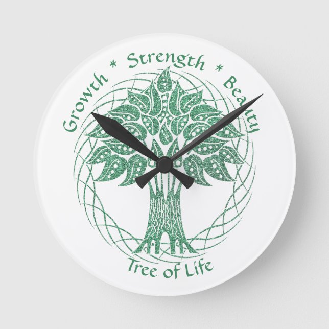 Elegant Green Glitter Tree of Life Zen Yoga Round Clock (Front)