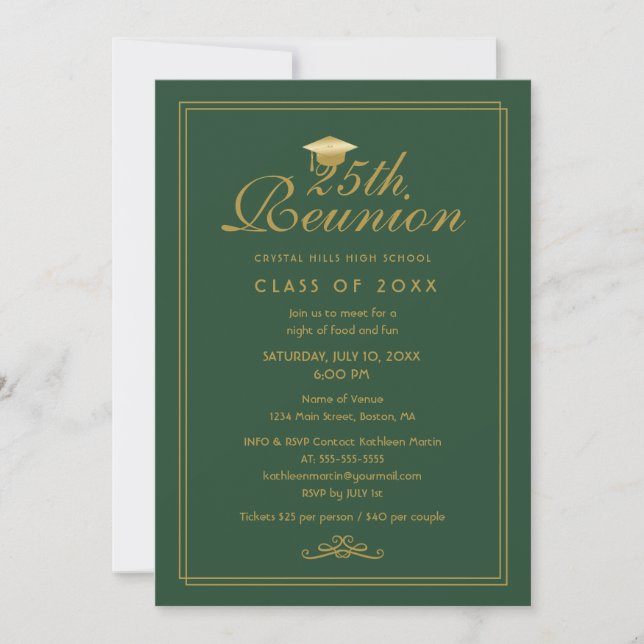 Elegant Green Gold 25th Class Reunion Invitation (Front)