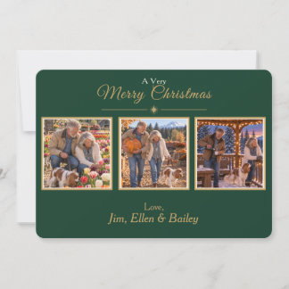 Elegant Green Gold 3 Photo Family Christmas Card