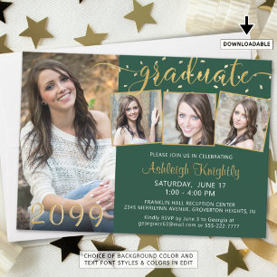 Elegant Green Gold 4 Photo Confetti Graduate  Invitation