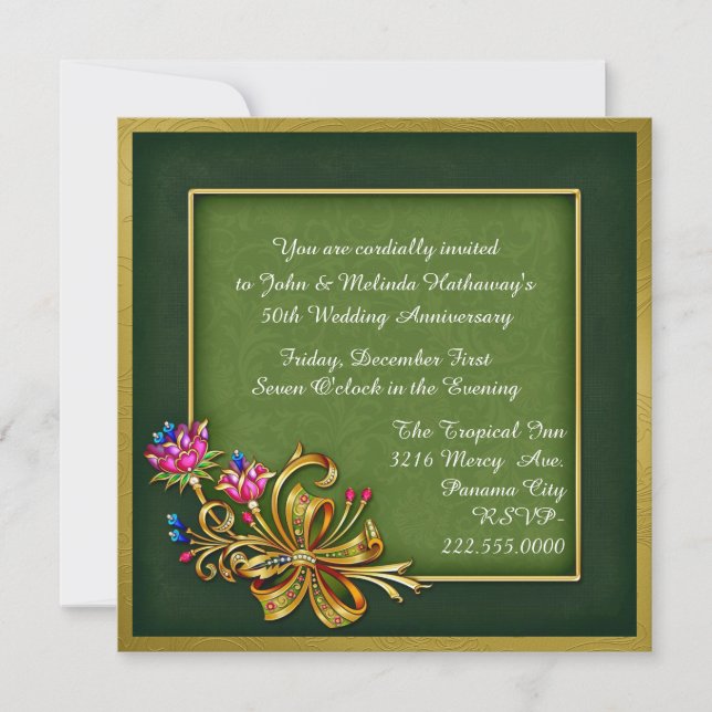 Elegant Green & Gold 50th Anniversary Invitation (Front)
