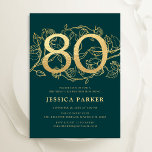 Elegant Green Gold 80th Birthday Invitation<br><div class="desc">Elegant green gold 80th birthday party invitation. Customizable modern design featuring roses botanical accents and faux glitter gold. Simple floral invite card perfect for a stylish female bday celebration. Personalize with your own details. Printed Zazzle invitations or instant download digital printable template.</div>