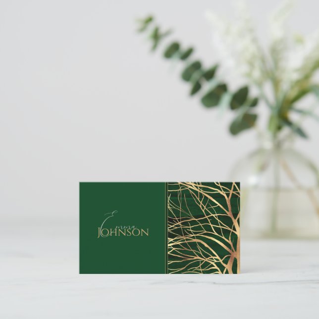 Elegant Green Gold Autumn Tree Drawing Business Card (Standing Front)