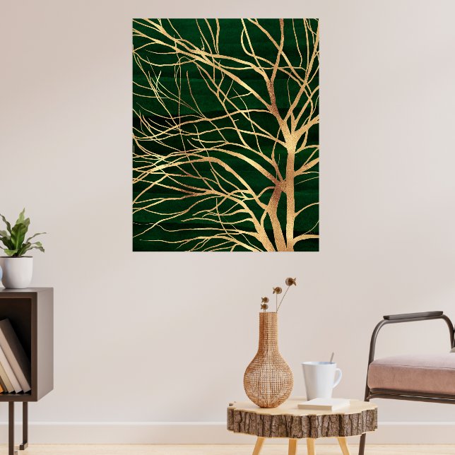 Elegant Green Gold Autumn Tree Drawing Poster (Living Room 3)
