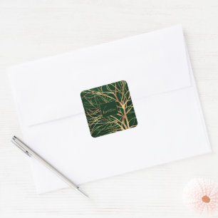 Elegant Green Gold Autumn Tree Drawing Square Sticker
