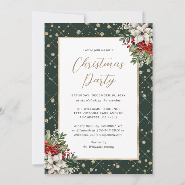 Elegant Green Gold Botanical Christmas Party Invitation (Front)