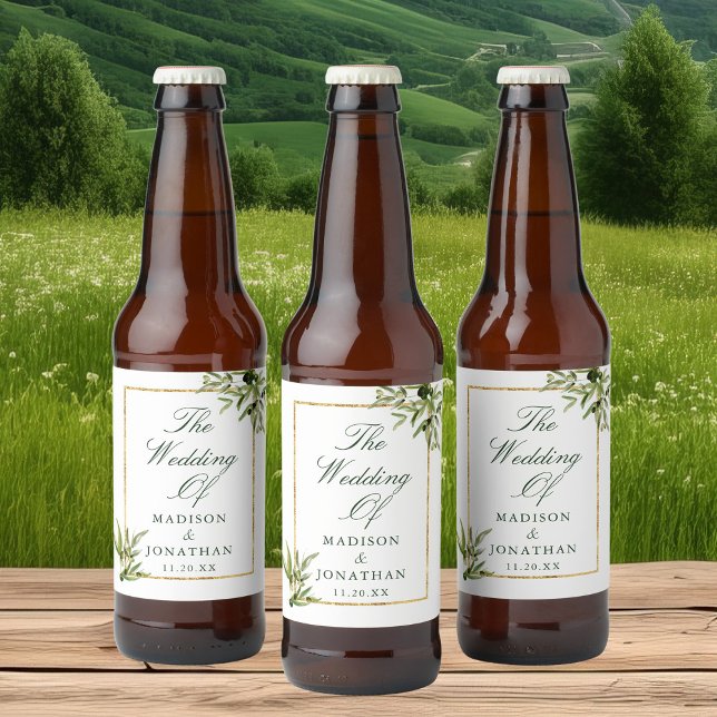 Elegant Green Gold Botanical Custom Wedding Beer Bottle Label (Creator Uploaded)