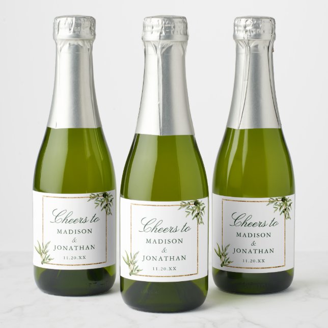 Elegant Green Gold Botanical Custom Wedding Mini Sparkling Wine Label (Bottles)