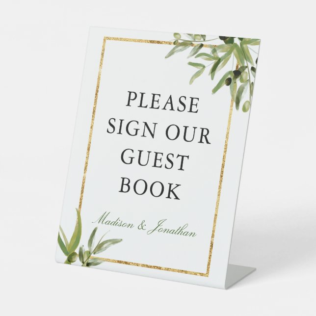 Elegant Green Gold Botanical Vine Guest Book Pedestal Sign (Front)
