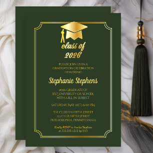 Elegant Green   Gold Cap College Graduation Party Invitation