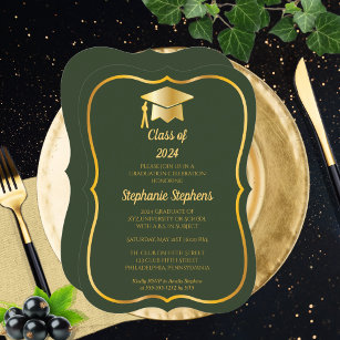 Elegant Green   Gold Cap Graduation Party Invitation