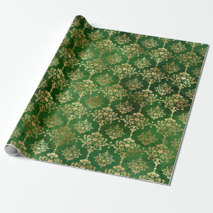 Elegant green & gold Christmas damask pattern Wrapping Paper